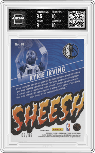 Kyrie Irving from the 2023-24 Panini Hoops Premium Stock set featuring a  Premium Red Prizm  parallel graded by Arena Club and given an overall grade of 9.5.