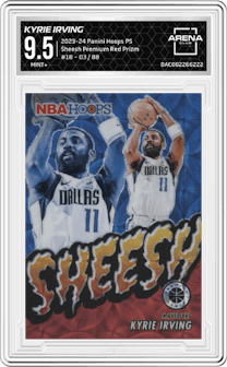 Kyrie Irving from the 2023-24 Panini Hoops Premium Stock set featuring a  Premium Red Prizm  parallel graded by Arena Club and given an overall grade of 9.5.