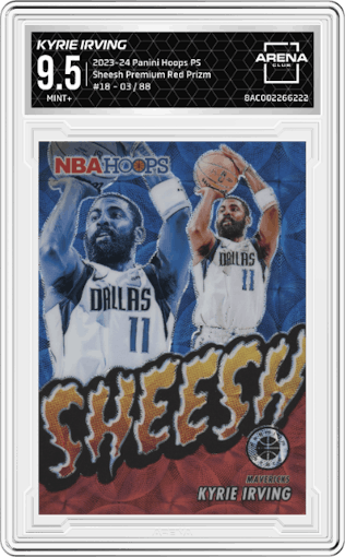 Kyrie Irving from the 2023-24 Panini Hoops Premium Stock set featuring a  Premium Red Prizm  parallel graded by Arena Club and given an overall grade of 9.5.