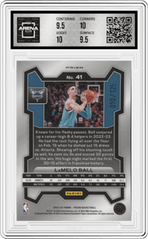 LaMelo Ball from the 2023-24 Panini Prizm set featuring a Blue Ice parallel graded by Arena Club and given an overall grade of 10.
