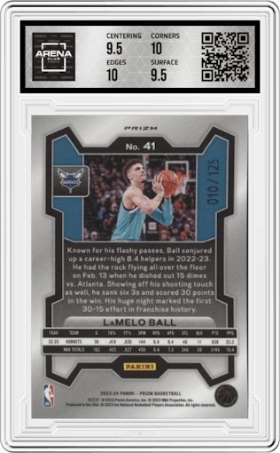LaMelo Ball from the 2023-24 Panini Prizm set featuring a Blue Ice parallel graded by Arena Club and given an overall grade of 10.