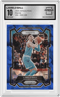 LaMelo Ball from the 2023-24 Panini Prizm set featuring a Blue Ice parallel graded by Arena Club and given an overall grade of 10.