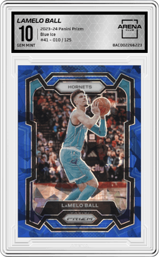 LaMelo Ball from the 2023-24 Panini Prizm set featuring a Blue Ice parallel graded by Arena Club and given an overall grade of 10.
