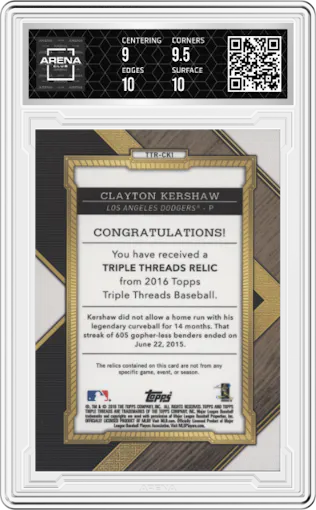 Clayton Kershaw from the 2016 Topps Triple Threads set graded by Arena Club and given an overall grade of 9.5.