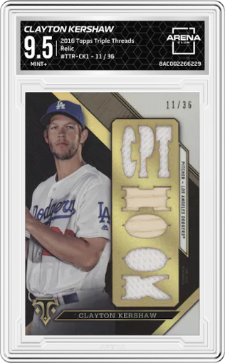 Clayton Kershaw from the 2016 Topps Triple Threads set graded by Arena Club and given an overall grade of 9.5.
