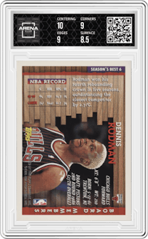 Dennis Rodman from the 1996-97 Topps set graded by Arena Club and given an overall grade of 9.
