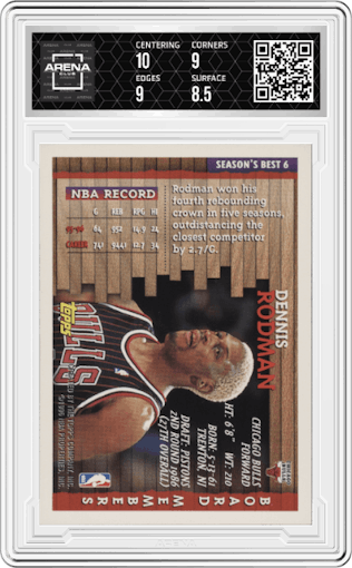 Dennis Rodman from the 1996-97 Topps set graded by Arena Club and given an overall grade of 9.
