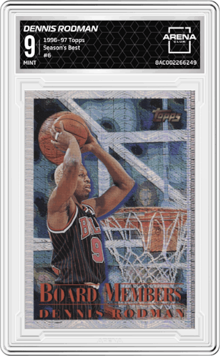 Dennis Rodman from the 1996-97 Topps set graded by Arena Club and given an overall grade of 9.