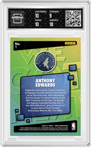 Anthony Edwards from the 2020-21 Panini NBA Hoops set graded by Arena Club and given an overall grade of 9.5.