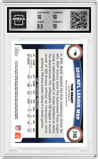 Tom Brady from the 2011 Topps set graded by Arena Club and given an overall grade of 10.