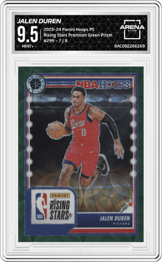 Jalen Duren from the 2023-24 Panini Hoops Premium Stock set featuring a Premium Green Prizm parallel graded by Arena Club and given an overall grade of 9.5.