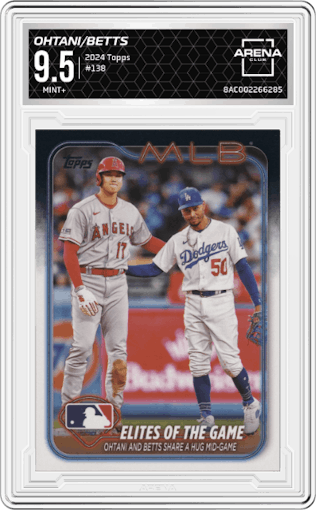 Shohei Ohtani/Mookie Betts from the 2024 Topps  set graded by Arena Club and given an overall grade of 9.5.