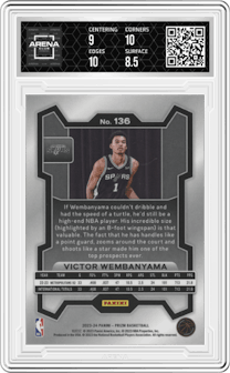 Victor Wembanyama from the 2023-24 Panini Prizm set graded by Arena Club and given an overall grade of 9.