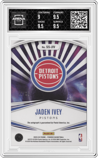Jaden Ivey from the 2023-24 Panini Phoenix set featuring a Blue parallel graded by Arena Club and given an overall grade of 9.5.