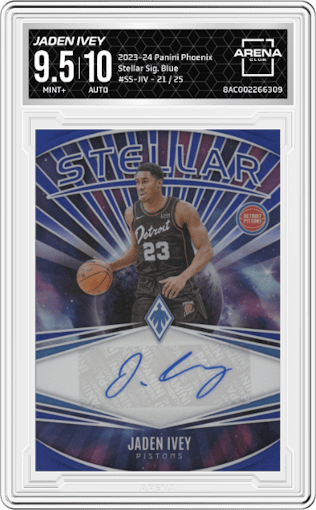 Jaden Ivey from the 2023-24 Panini Phoenix set featuring a Blue parallel graded by Arena Club and given an overall grade of 9.5.