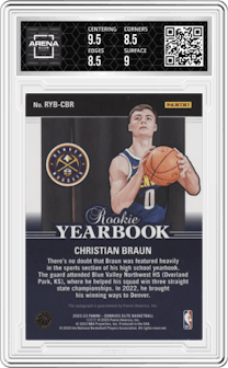 Christian Braun from the 2022-23 Donruss Elite set featuring a Asia Red & Gold parallel graded by Arena Club and given an overall grade of 9.