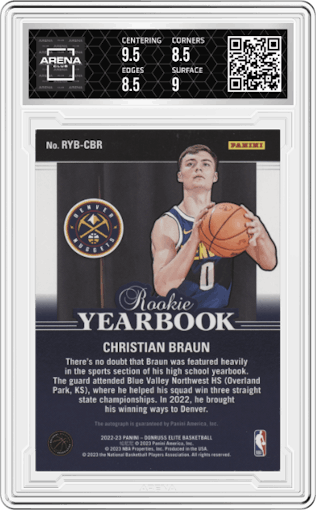Christian Braun from the 2022-23 Donruss Elite set featuring a Asia Red & Gold parallel graded by Arena Club and given an overall grade of 9.