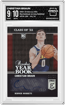 Christian Braun from the 2022-23 Donruss Elite set featuring a Asia Red & Gold parallel graded by Arena Club and given an overall grade of 9.