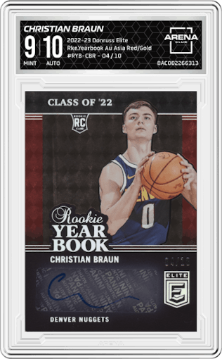 Christian Braun from the 2022-23 Donruss Elite set featuring a Asia Red & Gold parallel graded by Arena Club and given an overall grade of 9.