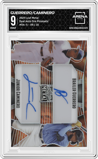 Brailer Guerrero/Junior Caminero from the 2023 Leaf Metal set featuring a Fire Prismatic parallel graded by Arena Club and given an overall grade of 9.