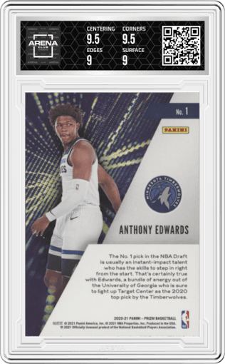 Anthony Edwards from the 2020-21 Panini Prizm set graded by Arena Club and given an overall grade of 9.5.