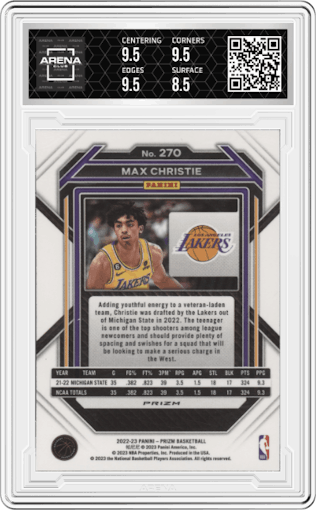 Max Christie from the 2022-23 Panini Prizm  set featuring a Silver Prizm parallel graded by Arena Club and given an overall grade of 9.