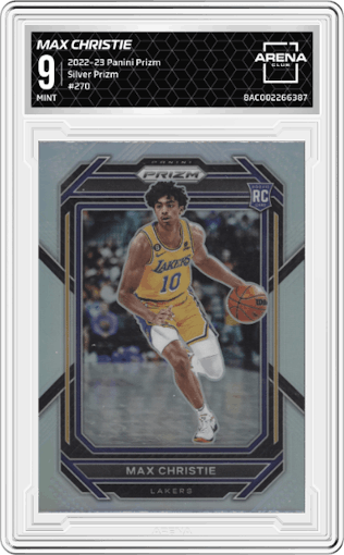 Max Christie from the 2022-23 Panini Prizm  set featuring a Silver Prizm parallel graded by Arena Club and given an overall grade of 9.