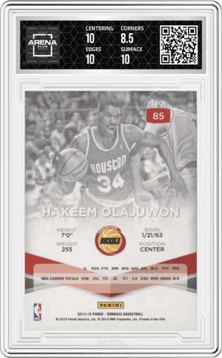 Hakeem Olajuwon from the 2014-15 Panini Donruss  set featuring a Red parallel graded by Arena Club and given an overall grade of 9.