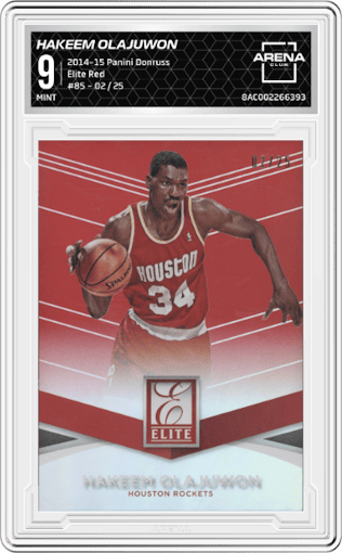Hakeem Olajuwon from the 2014-15 Panini Donruss  set featuring a Red parallel graded by Arena Club and given an overall grade of 9.