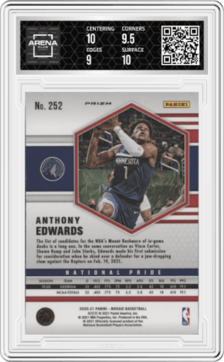 Anthony Edwards from the 2020-21 Panini Mosaic set featuring a Pink Camo parallel graded by Arena Club and given an overall grade of 9.5.