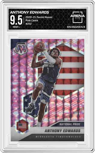 Anthony Edwards from the 2020-21 Panini Mosaic set featuring a Pink Camo parallel graded by Arena Club and given an overall grade of 9.5.