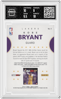 Kobe Bryant from the 2016-17 Panini NBA Hoops set graded by Arena Club and given an overall grade of 9.5.