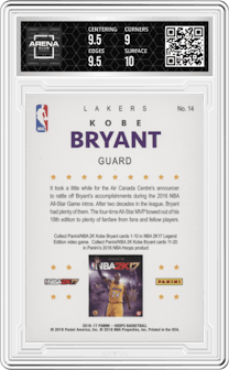 Kobe Bryant from the 2016-17 Panini NBA Hoops set graded by Arena Club and given an overall grade of 9.5.