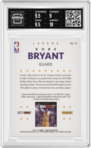 Kobe Bryant from the 2016-17 Panini NBA Hoops set graded by Arena Club and given an overall grade of 9.5.