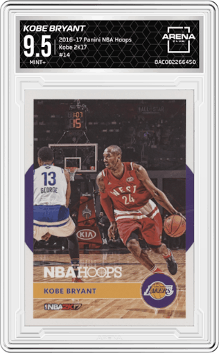 Kobe Bryant from the 2016-17 Panini NBA Hoops set graded by Arena Club and given an overall grade of 9.5.