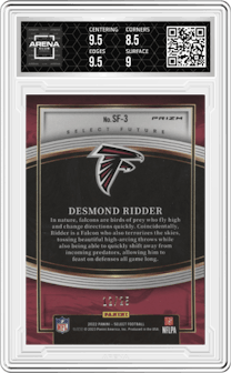 Desmond Ridder from the 2022 Panini Select set featuring a Tie-Dye parallel graded by Arena Club and given an overall grade of 9.