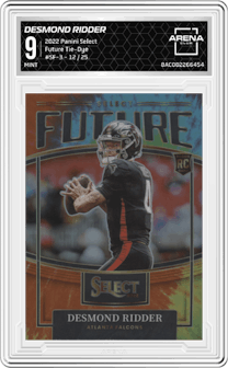 Desmond Ridder from the 2022 Panini Select set featuring a Tie-Dye parallel graded by Arena Club and given an overall grade of 9.