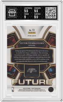 Victor Wembanyama from the 2023-24 Panini Select  set featuring a Silver Prizm parallel graded by Arena Club and given an overall grade of 9.5.