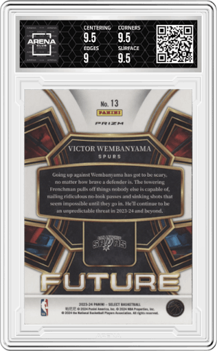 Victor Wembanyama from the 2023-24 Panini Select  set featuring a Silver Prizm parallel graded by Arena Club and given an overall grade of 9.5.