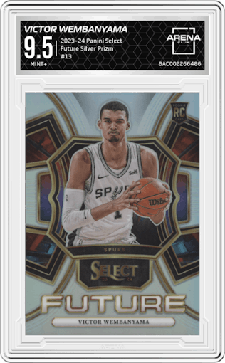 Victor Wembanyama from the 2023-24 Panini Select  set featuring a Silver Prizm parallel graded by Arena Club and given an overall grade of 9.5.