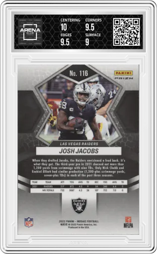 Josh Jacobs from the 2022 Panini Mosaic set featuring a Genesis parallel graded by Arena Club and given an overall grade of 9.5.