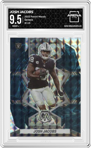 Josh Jacobs from the 2022 Panini Mosaic set featuring a Genesis parallel graded by Arena Club and given an overall grade of 9.5.