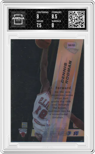 Dennis Rodman from the 1996-97 Bowman’s Best  set graded by Arena Club and given an overall grade of 8.