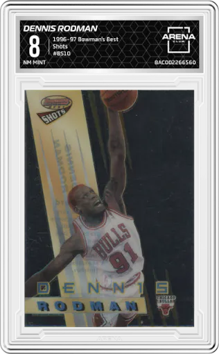 Dennis Rodman from the 1996-97 Bowman’s Best  set graded by Arena Club and given an overall grade of 8.