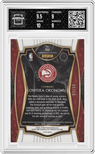 Onyeka Okongwu from the 2020-21 Panini Select  set featuring a Disco Gold parallel graded by Arena Club and given an overall grade of 9.5.