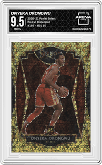 Onyeka Okongwu from the 2020-21 Panini Select  set featuring a Disco Gold parallel graded by Arena Club and given an overall grade of 9.5.