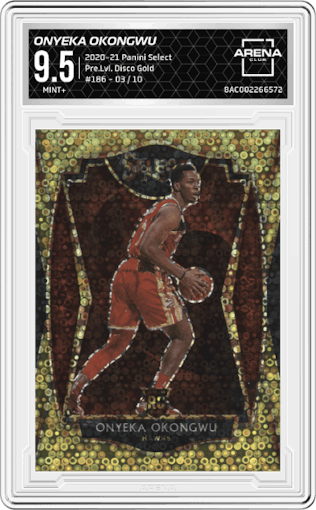 Onyeka Okongwu from the 2020-21 Panini Select  set featuring a Disco Gold parallel graded by Arena Club and given an overall grade of 9.5.
