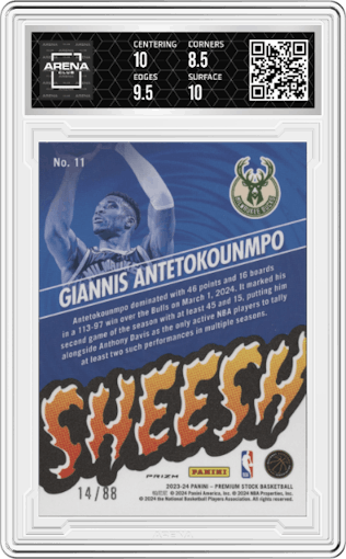 Giannis Antetokounmpo from the 2023-24 Panini Hoops Premium Stock set featuring a  Premium Red Prizm  parallel graded by Arena Club and given an overall grade of 9.