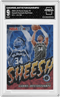 Giannis Antetokounmpo from the 2023-24 Panini Hoops Premium Stock set featuring a  Premium Red Prizm  parallel graded by Arena Club and given an overall grade of 9.