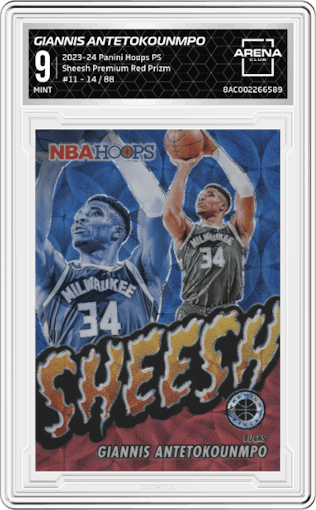 Giannis Antetokounmpo from the 2023-24 Panini Hoops Premium Stock set featuring a  Premium Red Prizm  parallel graded by Arena Club and given an overall grade of 9.